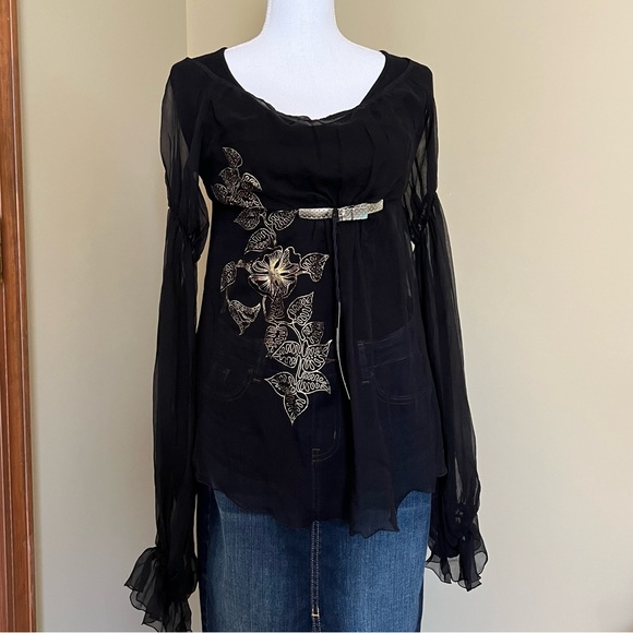 Miss Sixty 100% Silk Black Empire Waist Gold Buckle Puffy Sleeve Blouse NWT - Picture 3 of 14